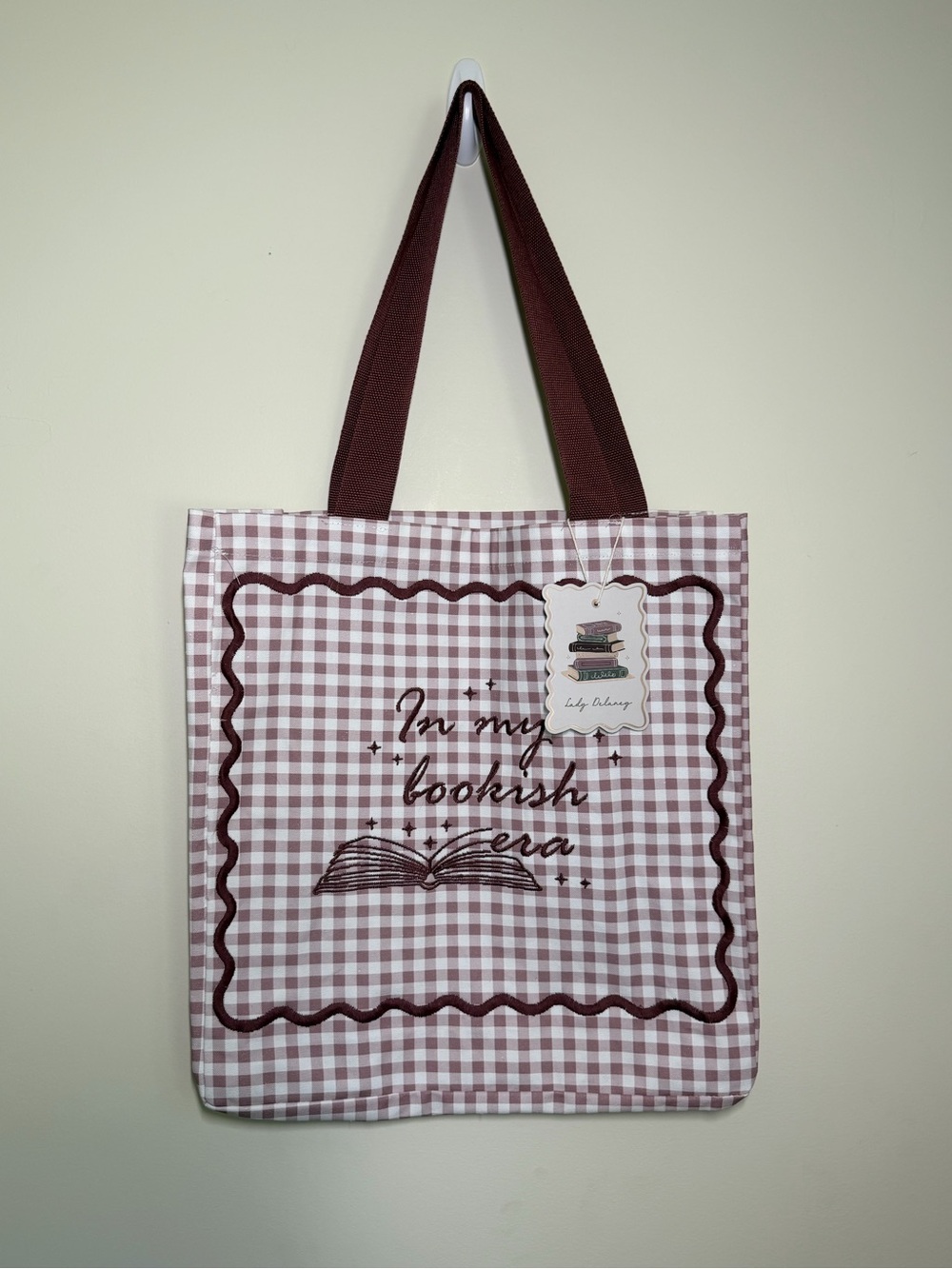 “In My Bookish Era” Canvas Gingham Tote Bag Embroidered - Picture 4 of 4